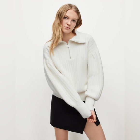 AllSaints Viola Zip Collar Wool Ribbed Puff Sleeve Sweater - Picture 3 of 9